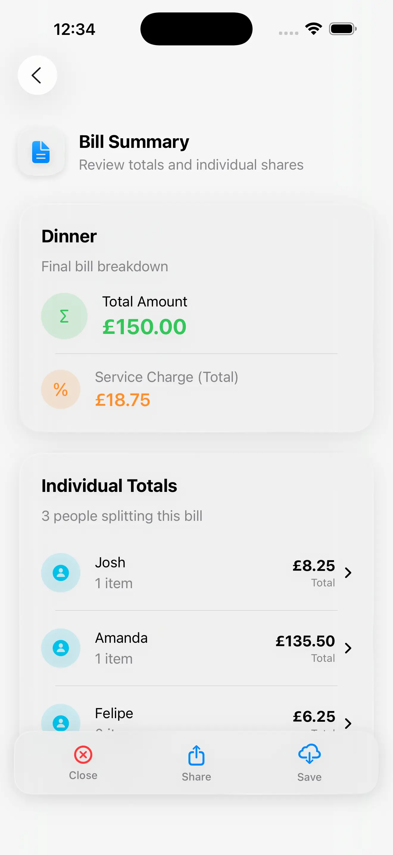 Easy Bill Split - View detailed bill summary showing who owes what
